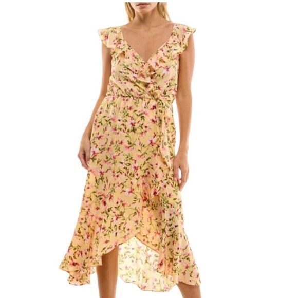 SOCIALITE DRESS XS‎ YELLOW PINK RUFFLE PRINT WRAP MIDI ROMANCE FAIRYCORE SEXY - Picture 1 of 15